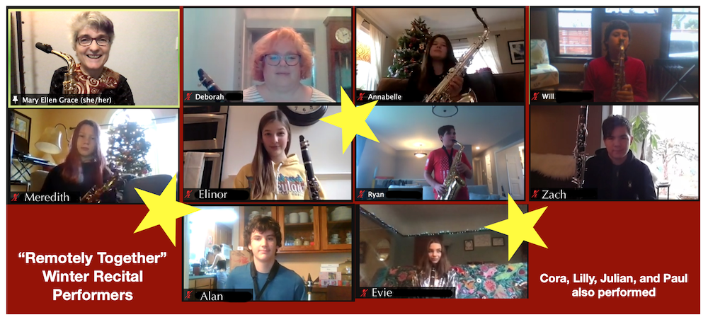 Happy performers and teacher at the virtual recital, "Remotely Together" 